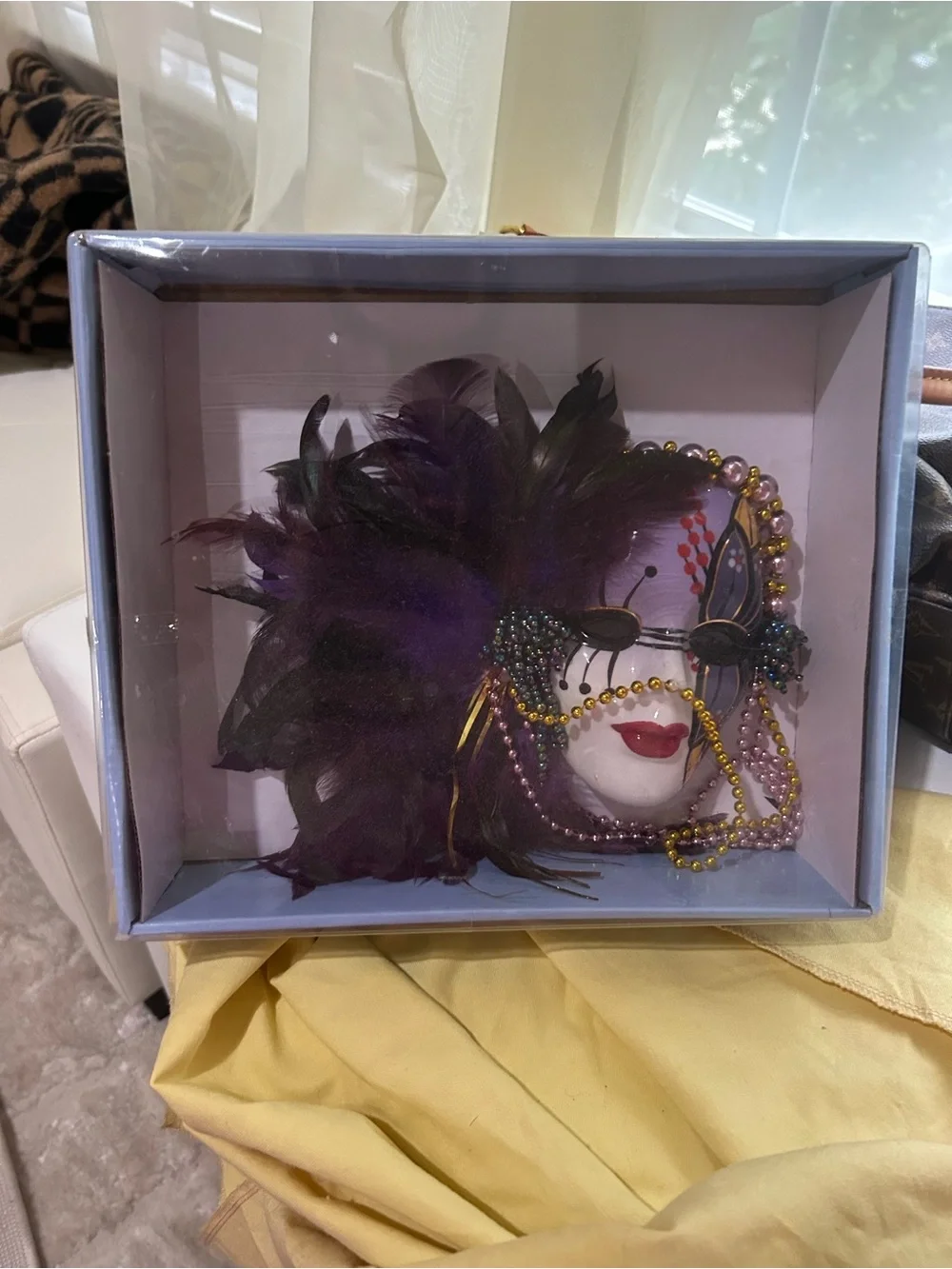 Vintage Purple Feather Porcelain Mardi Gras Mask and Wall Accent, with Box